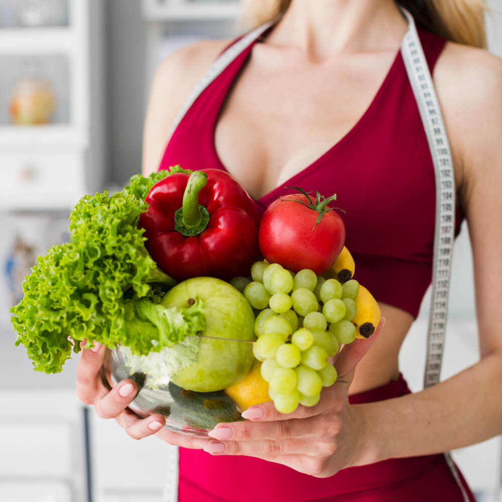Diet concept with sporty woman in kitchen, medical weight loss, weight loss solutions, weight loss medication